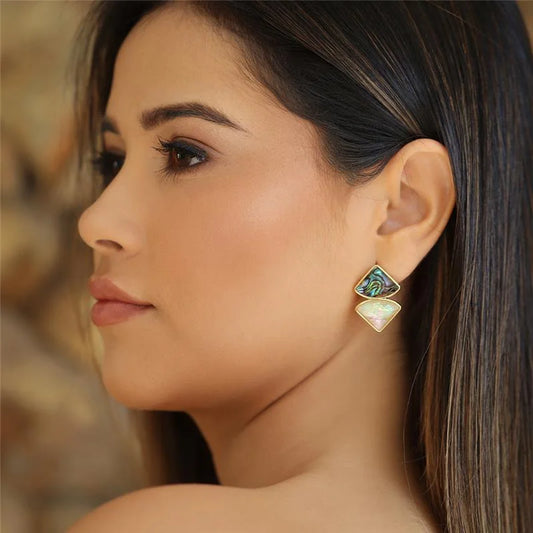 18K gold-plated stud earrings with abalone and sea opal nautilus gemstones