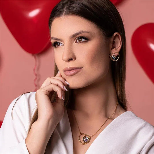 18K Gold-Plated Heart Jewelry Set with Abalone Gemstone – Necklace & Earrings for Women