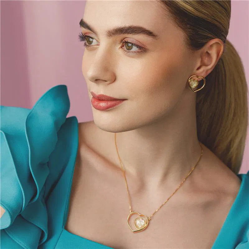 18K Gold-Plated Heart Jewelry Set with Abalone Gemstone – Necklace & Earrings for Women