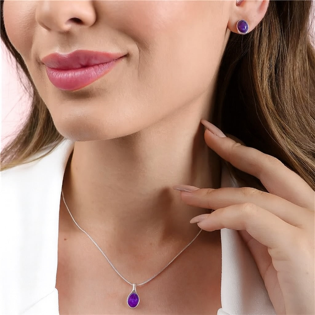 925 Sterling Silver Amethyst Jewelry Set | Minimalist Oval Gemstone Earrings & Pendant