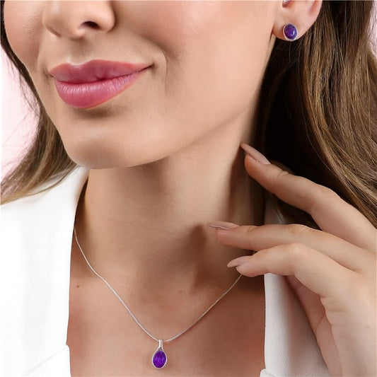 925 Sterling Silver Amethyst Jewelry Set | Minimalist Oval Gemstone Earrings & Pendant