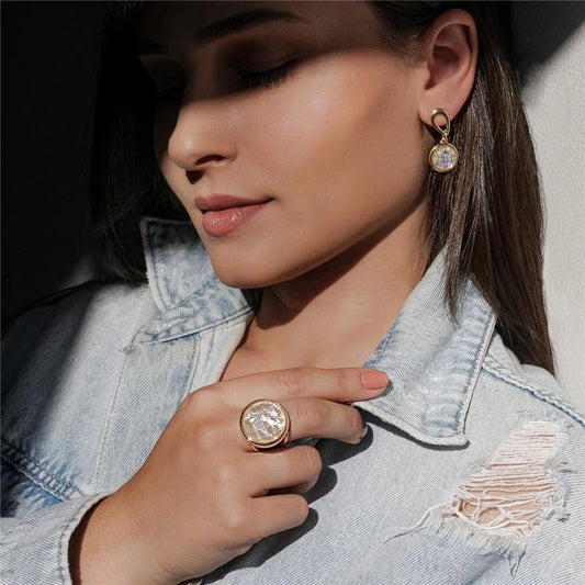 18K gold-plated adjustable ring with sea opal nautilus gemstone