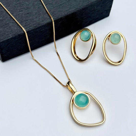 18K gold-plated earrings and necklace set with blue sky agate gemstones