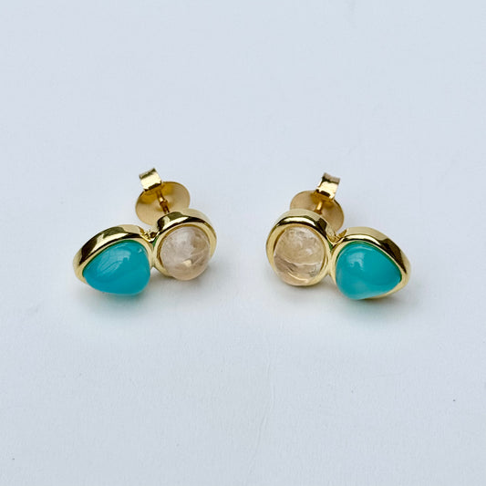 18K gold-plated drop earrings with rose quartz and agate gemstones