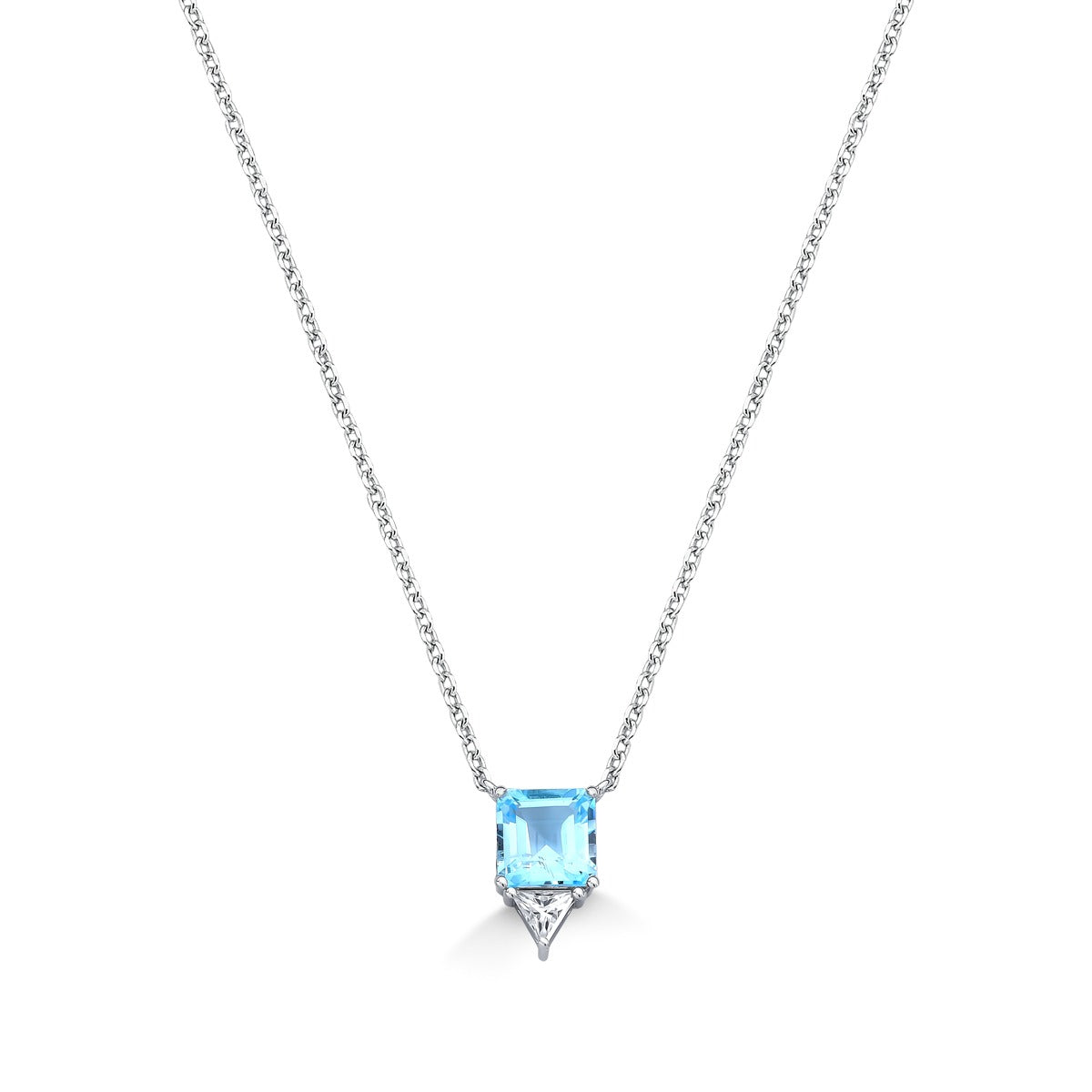 Square Blue Topaz Necklace in Silver with Rhodium — 7x7mm 4.3ct + Moissanite Accent Stone