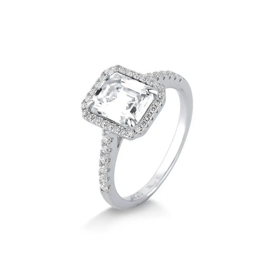 Rectangular Moissanite Ring Paved in Rhodium-Plated 925 Silver