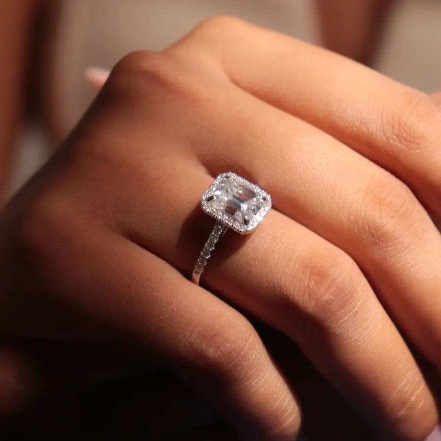 Rectangular Moissanite Ring Paved in Rhodium-Plated 925 Silver