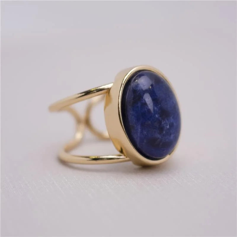 18K gold-plated adjustable ring with natural sodalite gemstone