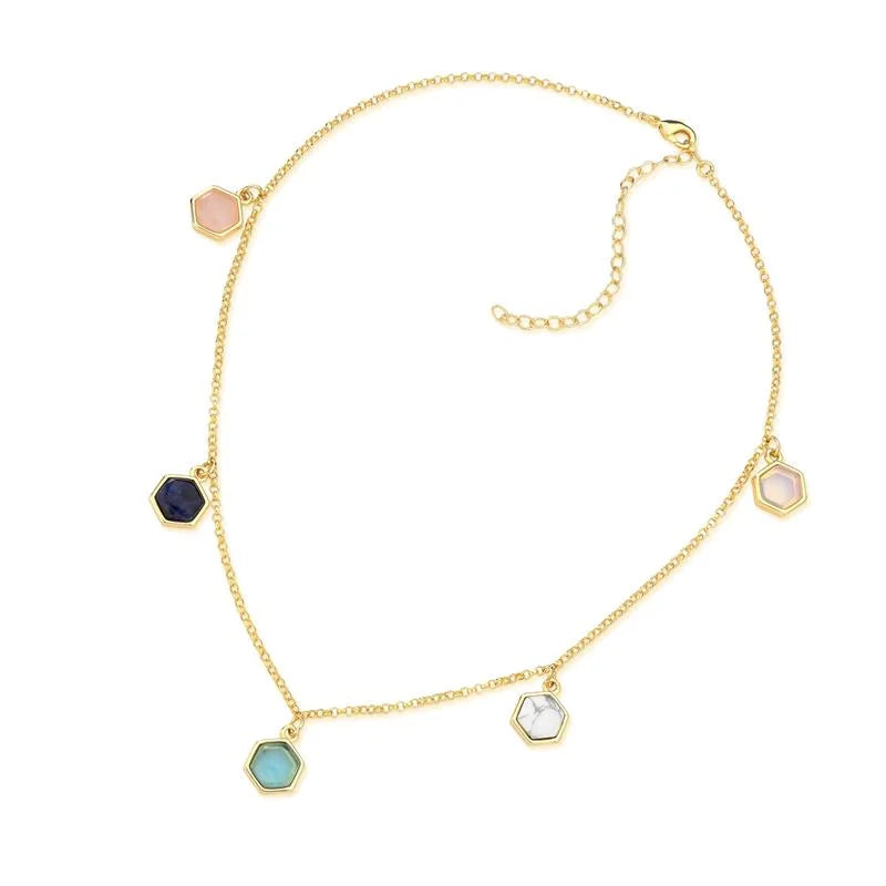18K gold-plated necklace with hexagon cabochon gemstones