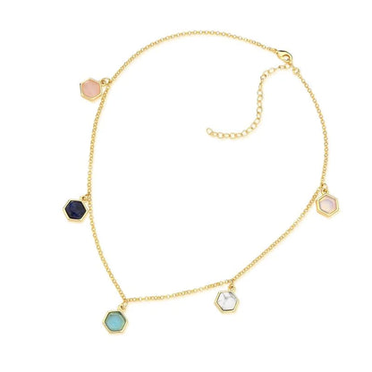 18K gold-plated necklace with hexagon cabochon gemstones