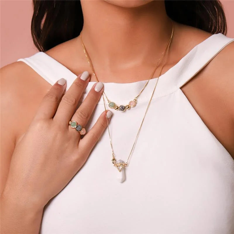 18K Gold-plated earrings and necklace set with round cabochon natural gemstones