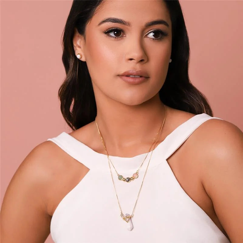 18K Gold-plated earrings and necklace set with round cabochon natural gemstones