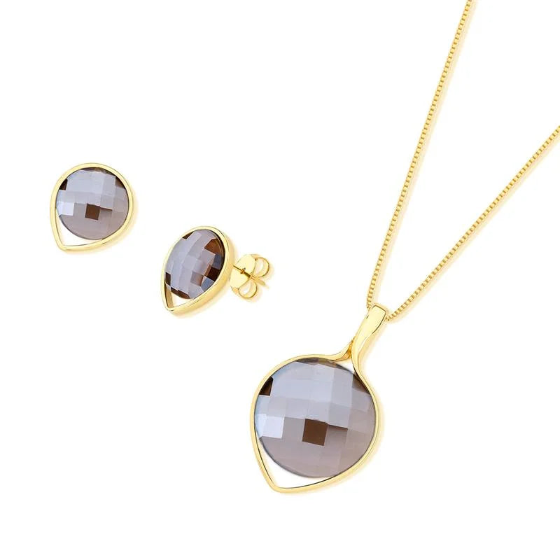 18K gold-plated earrings and necklace set with smoky obsidian gemstone