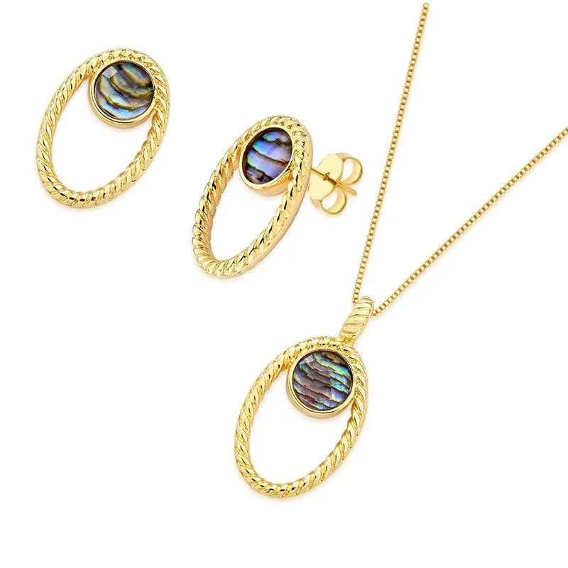 18K gold-plated earrings and necklace set with abalone shell gemstone