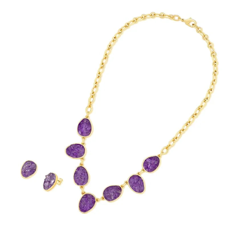 18K gold-plated earrings and necklace set with fragmented amethyst stones