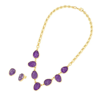 18K gold-plated earrings and necklace set with fragmented amethyst stones