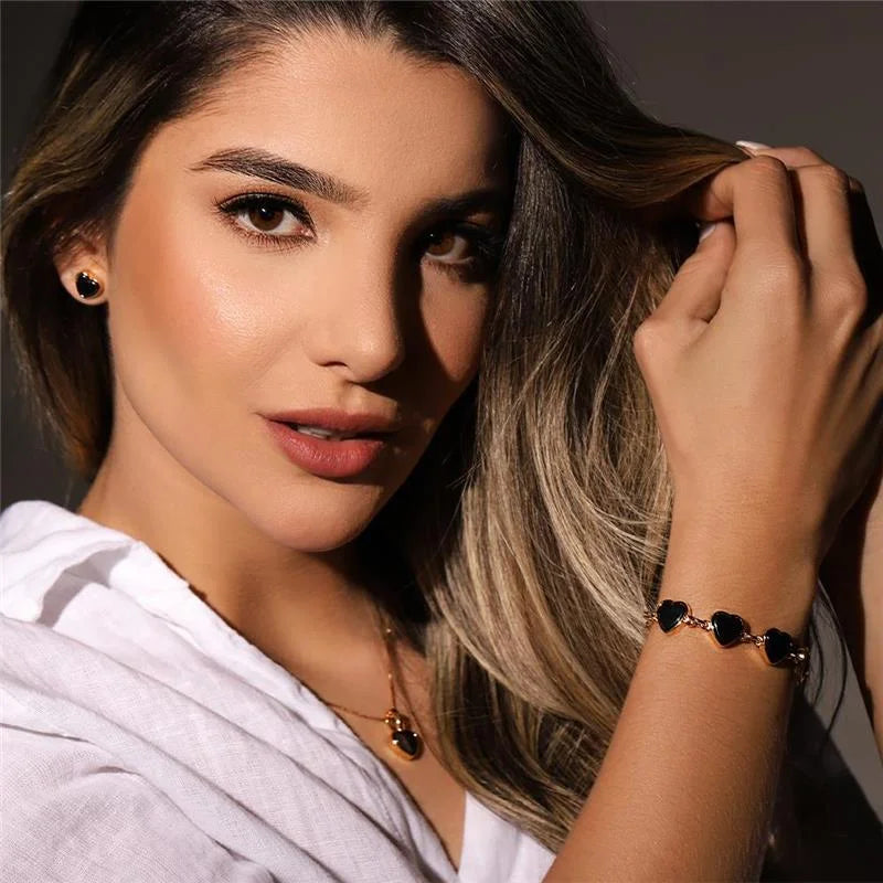 18K gold-plated earrings and necklace set with heart-shaped hematite gemstones