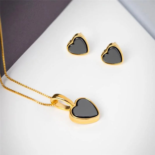 18K gold-plated earrings and necklace set with heart-shaped hematite gemstones