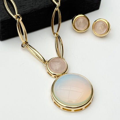 18K gold-plated earrings and necklace set with natural opaline and rose quartz gemstones