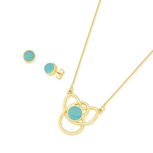 18K gold-plated set of earrings and necklace with blue sky agate or sodalite gemstones