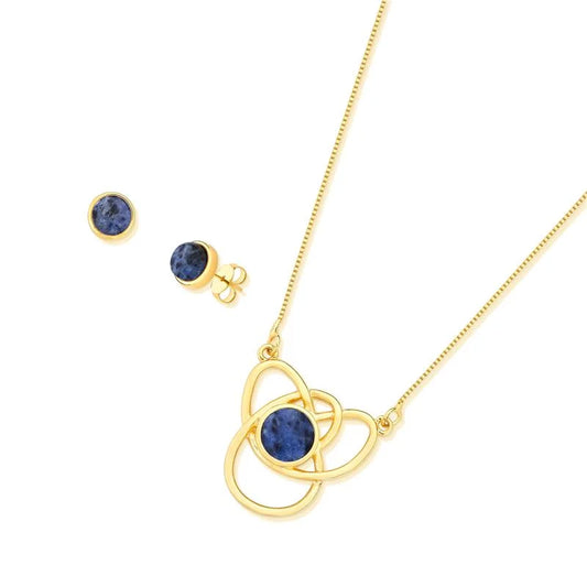 18K gold-plated set of earrings and necklace with blue sky agate or sodalite gemstones
