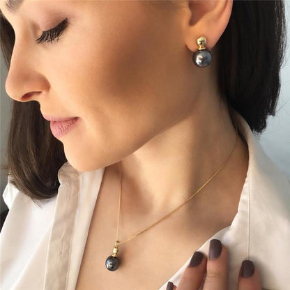 18K gold-plated set of necklace and earrings with natural pearls