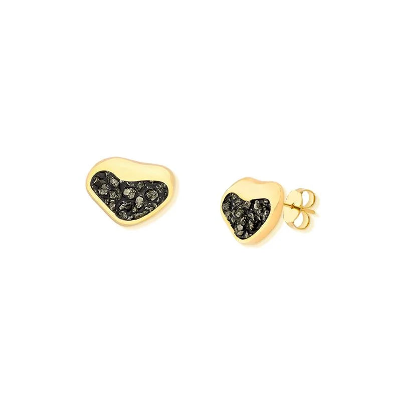 18K gold-plated stud heart-shaped earrings with pyrite gemstone