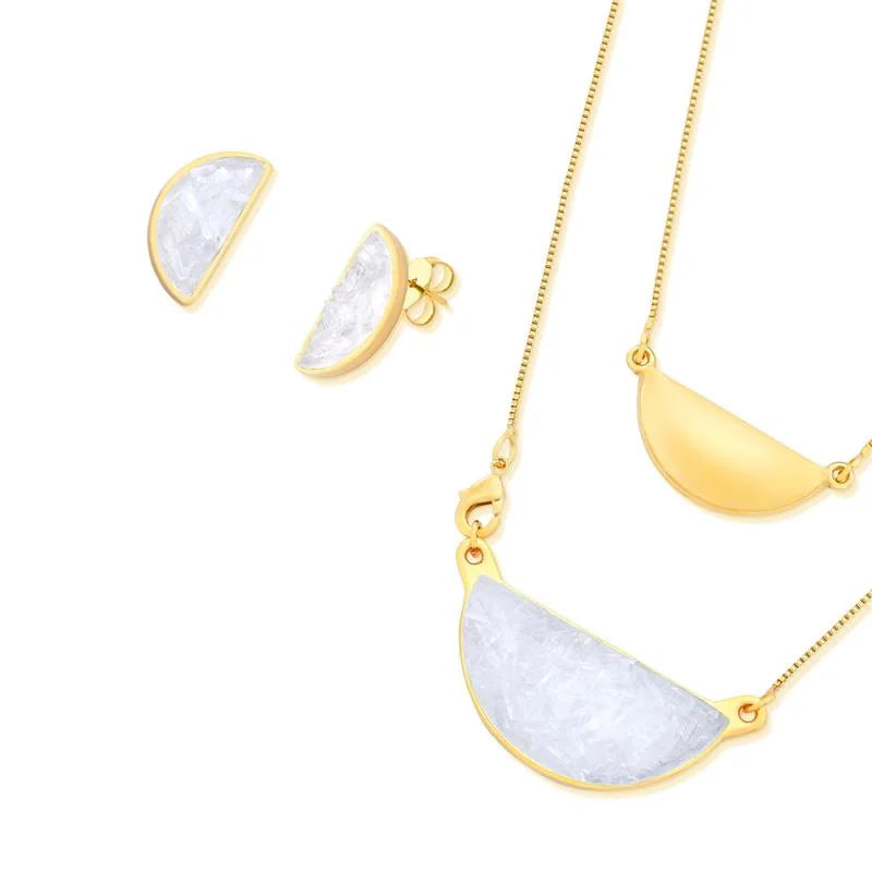 18K gold-plated set of earrings and necklace with fragmented selenite gemstones