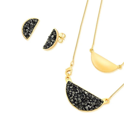 18K gold-plated set of earrings and necklace with fragmented selenite gemstones