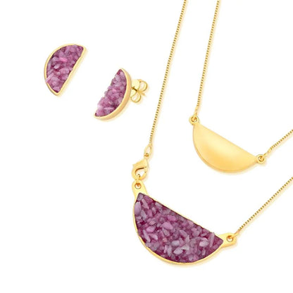 18K gold-plated set of earrings and necklace with fragmented selenite gemstones