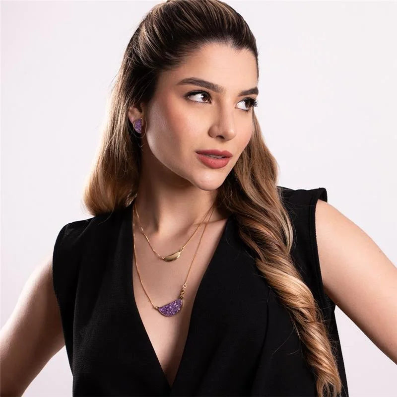 18K gold-plated set of earrings and necklace with fragmented selenite gemstones