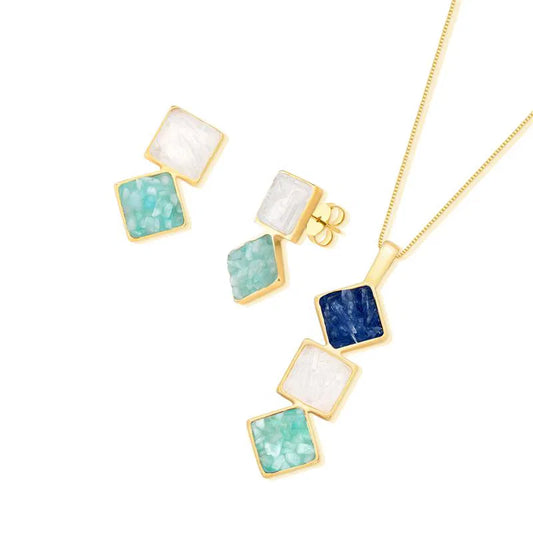 18K Gold-Plated Geometric Jewelry Set with Colorful Stones for Women