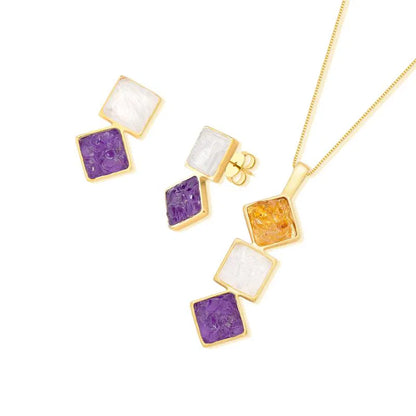 18K Gold-Plated Geometric Jewelry Set with Colorful Stones for Women