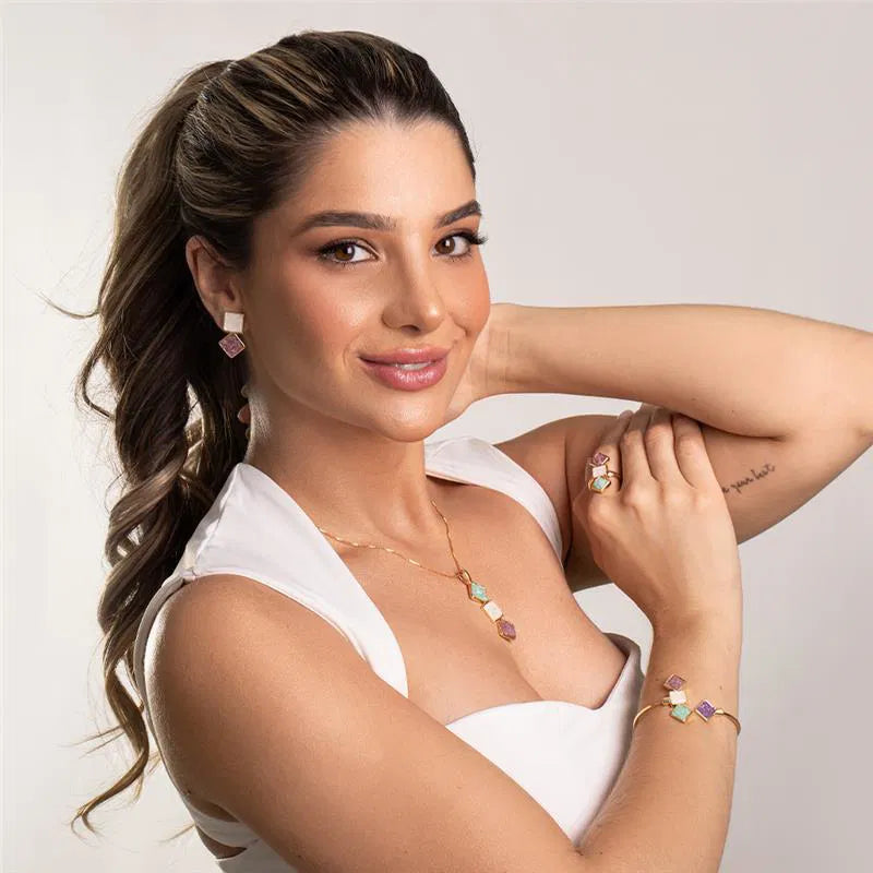 18K Gold-Plated Geometric Jewelry Set with Colorful Stones for Women