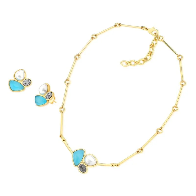 18K gold-plated earrings and necklace set with pearls and natural gemstones