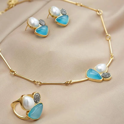 18K gold-plated earrings and necklace set with pearls and natural gemstones