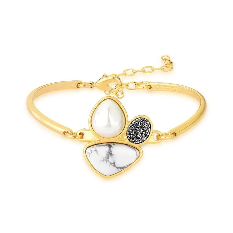 18K gold-plated bracelet White Howlite & Druse Titanium & White Shell Pearl gemstone