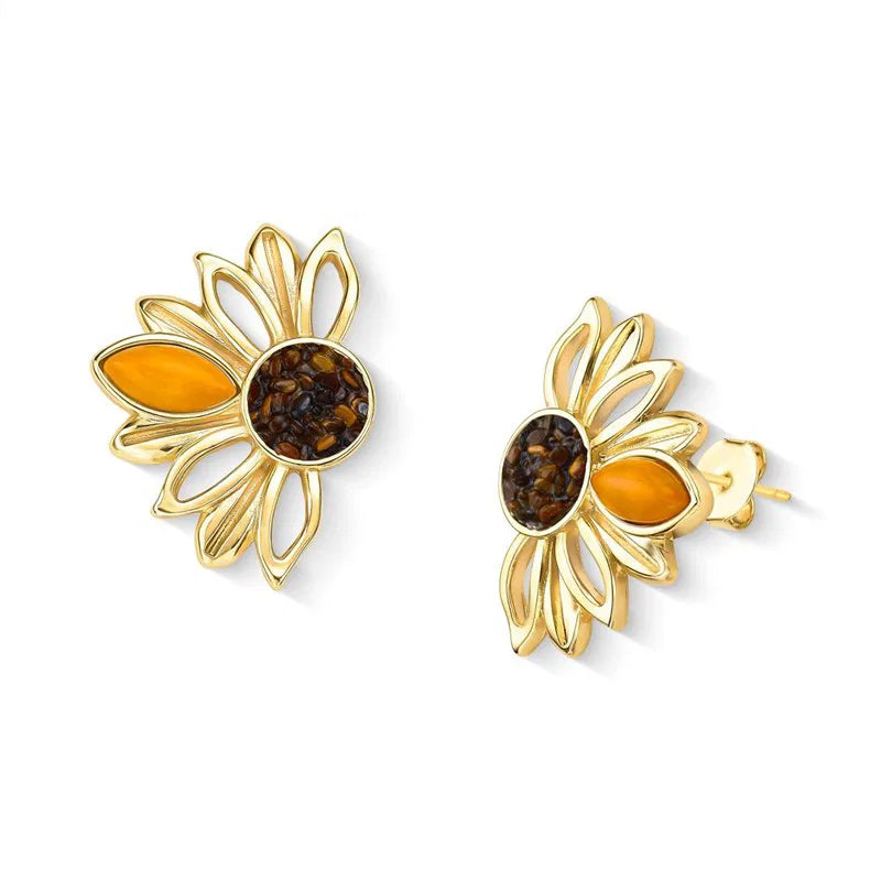 Sunflower Earrings for Women – 18K Gold-Plated with Tiger's Eye & Yellow Howlite