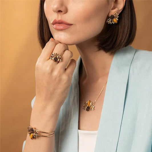 Sunflower Earrings for Women – 18K Gold-Plated with Tiger's Eye & Yellow Howlite