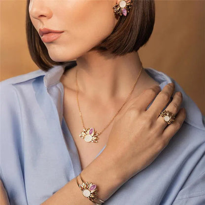 Sunflower Necklace & Earring Set for Women – 18K Gold-Plated with Selenite & Amethyst