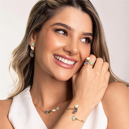 18K Gold-Plated Open Bangle Bracelet with Fragmented Gemstones