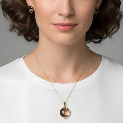18K gold-plated earrings and necklace set with smoky obsidian gemstone
