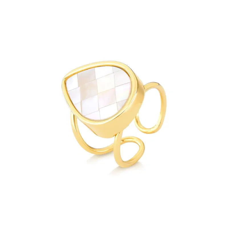 18K Gold-Plated Adjustable Ring — Mosaic Mother-of-Pearl Gemstone Ring