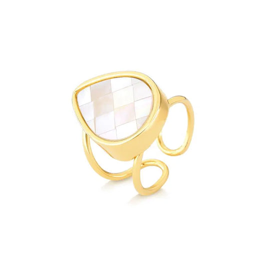 18K Gold-Plated Adjustable Ring — Mosaic Mother-of-Pearl Gemstone Ring