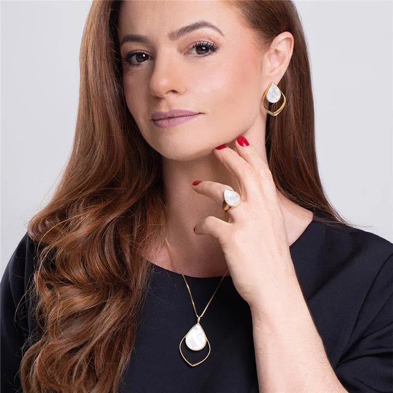 18K Gold-Plated Ring — Mosaic Mother-of-Pearl Gemstone Ring