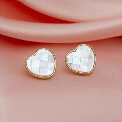 Mosaic Mother of Pearl Heart Stud Earrings – 18K Gold-Plated