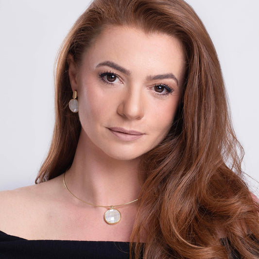 18K gold-plated earring and necklace set with mother-of-pearl mosaic stones