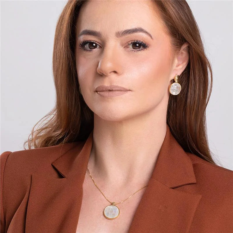 18K gold-plated earring and necklace set with mother-of-pearl mosaic stones