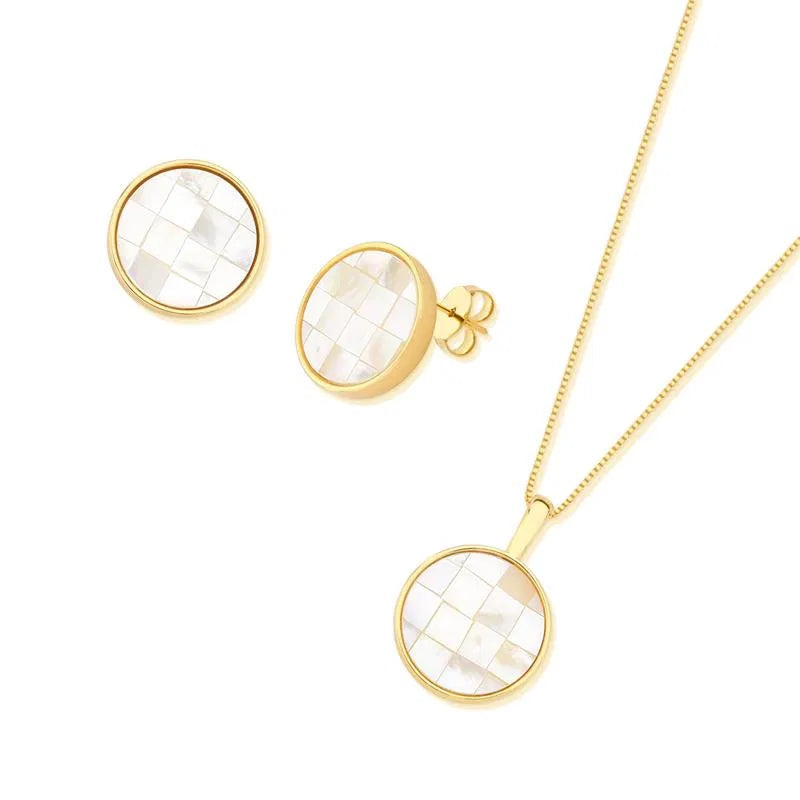 18K Gold-Plated Mother of Pearl Jewelry Set | Mosaic Gemstone Circle Earrings & Pendant