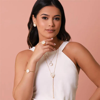 18K Gold-Plated Mother of Pearl Jewelry Set | Mosaic Gemstone Circle Earrings & Pendant